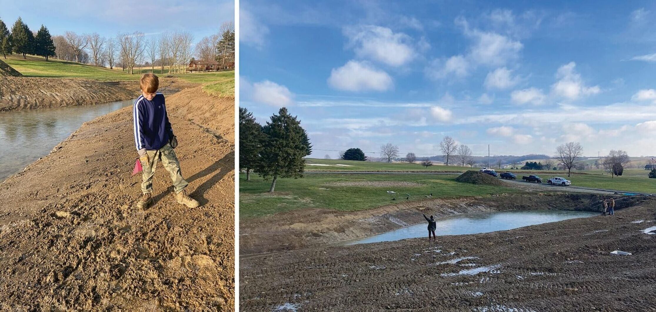 Left: Joshua Fetter points to the location where the cache was discovered. Right: Dr. Michelle Bebber points to the excavation site, a small yellow spot just above her left hand. 