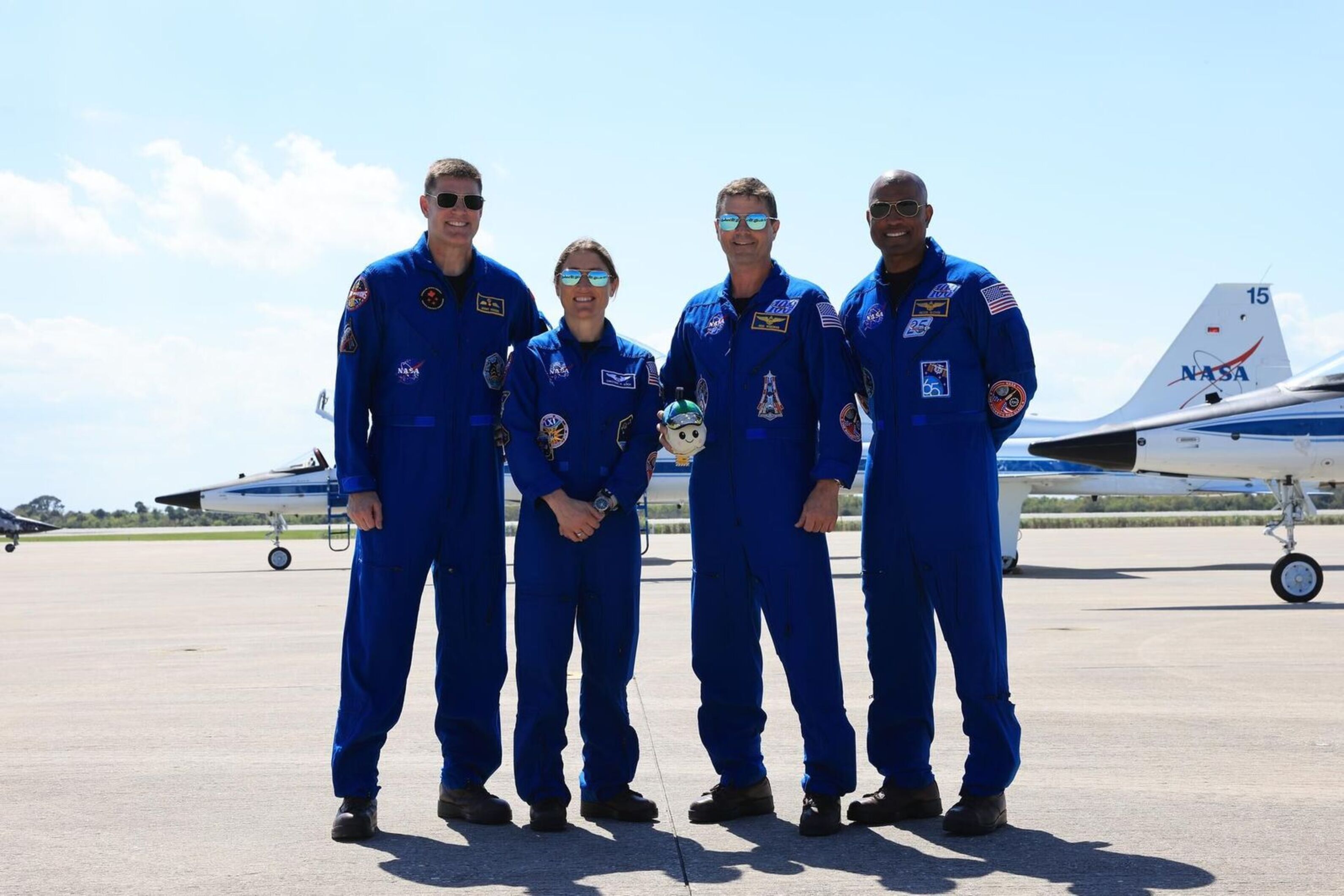 From left to right, Artemis II Mission Specialist Jeremy Hansen from the CSA (Canadian Space Agency), Mission Specialist Christina Koch, Commander Reid Wiseman, and Pilot Victor Glover